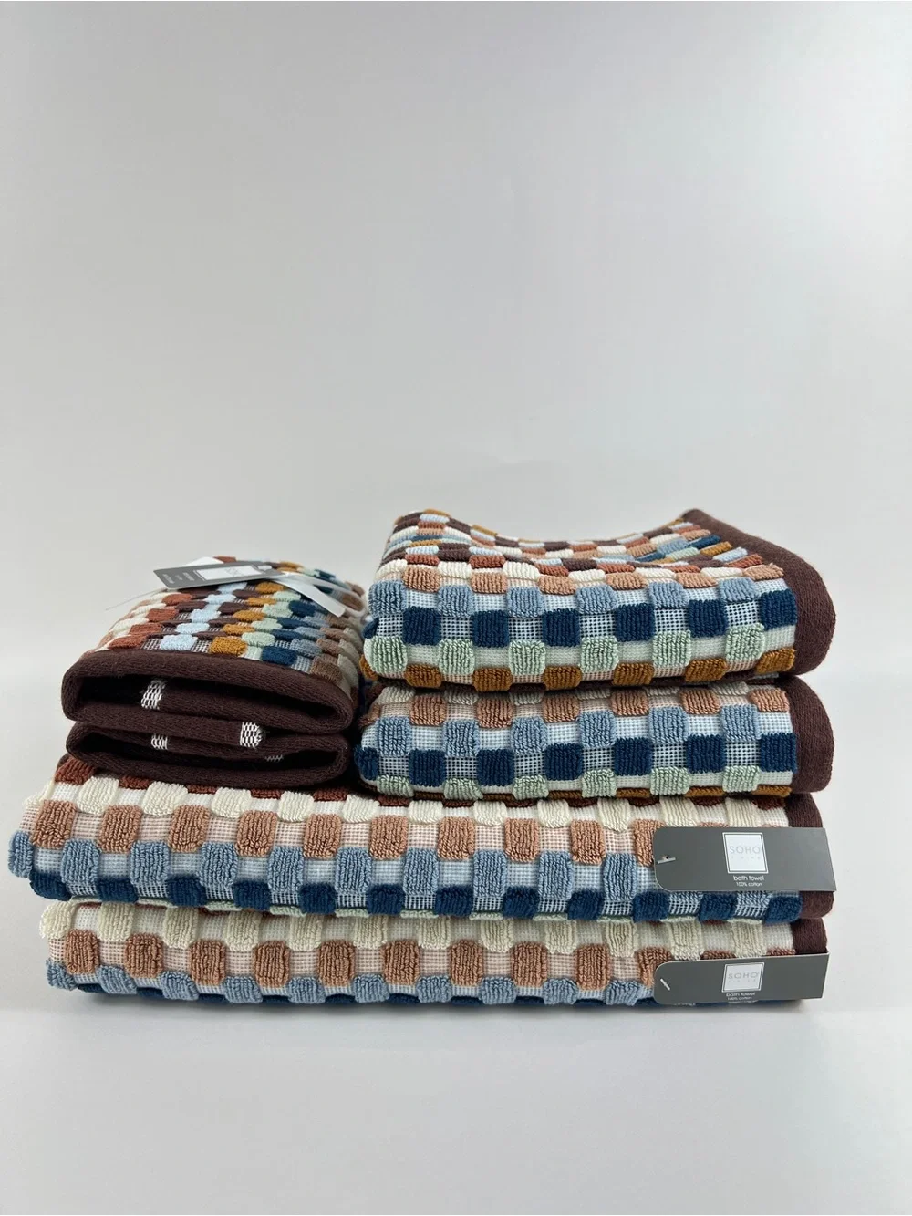 Share Soho Living Bath Towel Set Brown Blue Green Dotted Stripe Soft Cotton 6 Pc